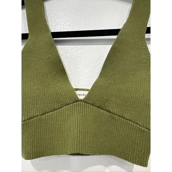 Good American Green Knit Crop Top Women's Size 1 Bralette V Neck Sexy Sleeveless - Picture 4 of 5